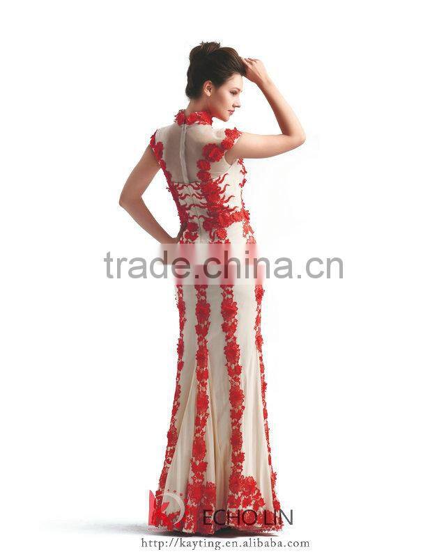 Elegant embroidery high neck cap sleeve tulle long red evening dress