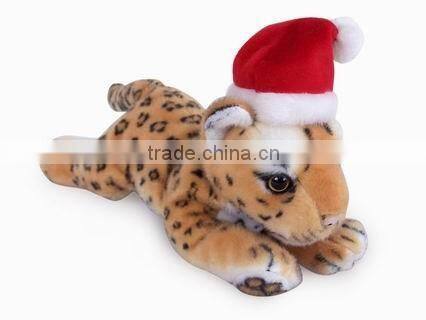 high quality factory wholesale realistic christmas plush cradle brown tiger with christmas cap