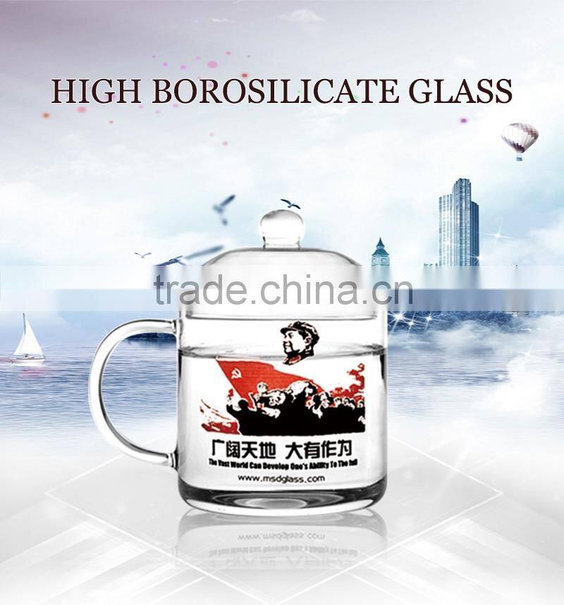 Chinese borosilicate drinking glass tea cup with lid and handle