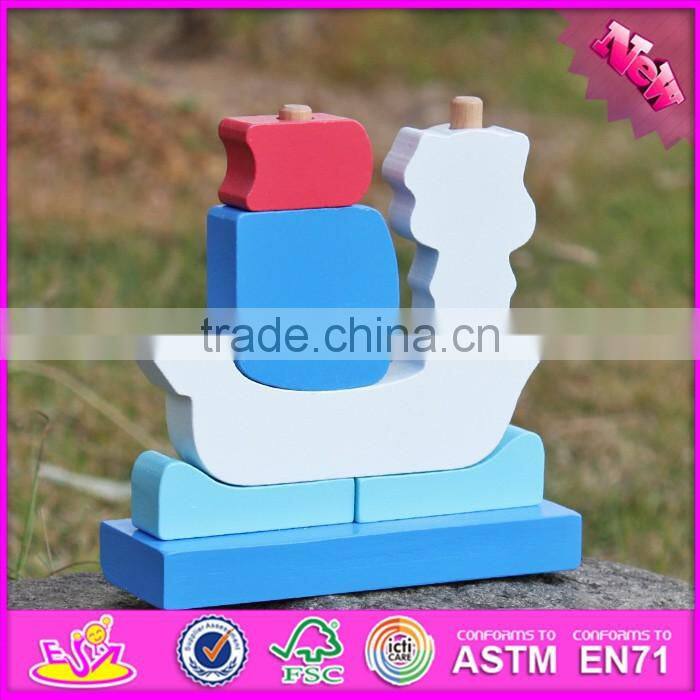 2017 new design pirate boat shape wooden stacking toys for 1 year old W13D134