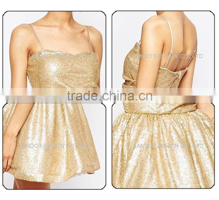 Sexy free shipping porm dress gold sequin spaghetti strap ball gown