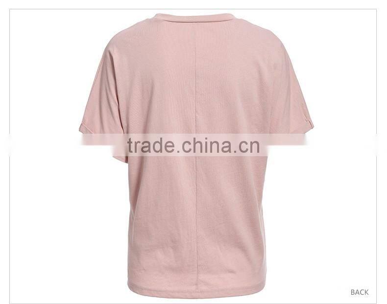 OEM Services Custom Design Printing Women Pink Cotton Floral Print Women Tee Shirts