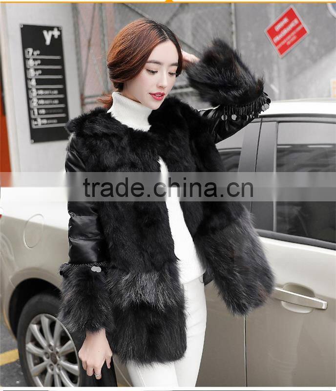 2016 Luxury Genuine Natural Fox Fur Coat Jacket rabbit Fur Patchwork Winter Women Fur leather Outerwear Coats Plus Size