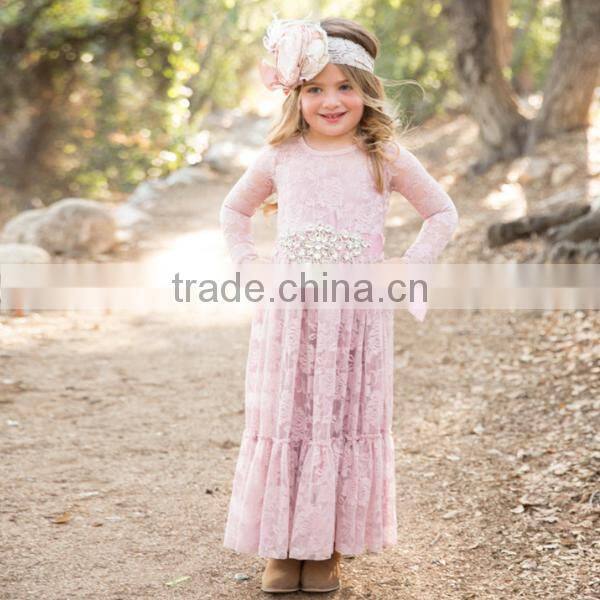 Baby Girls Fall Pink Lace Long Sleeve Maxi Dress Children Growns Frocks Design Clothing