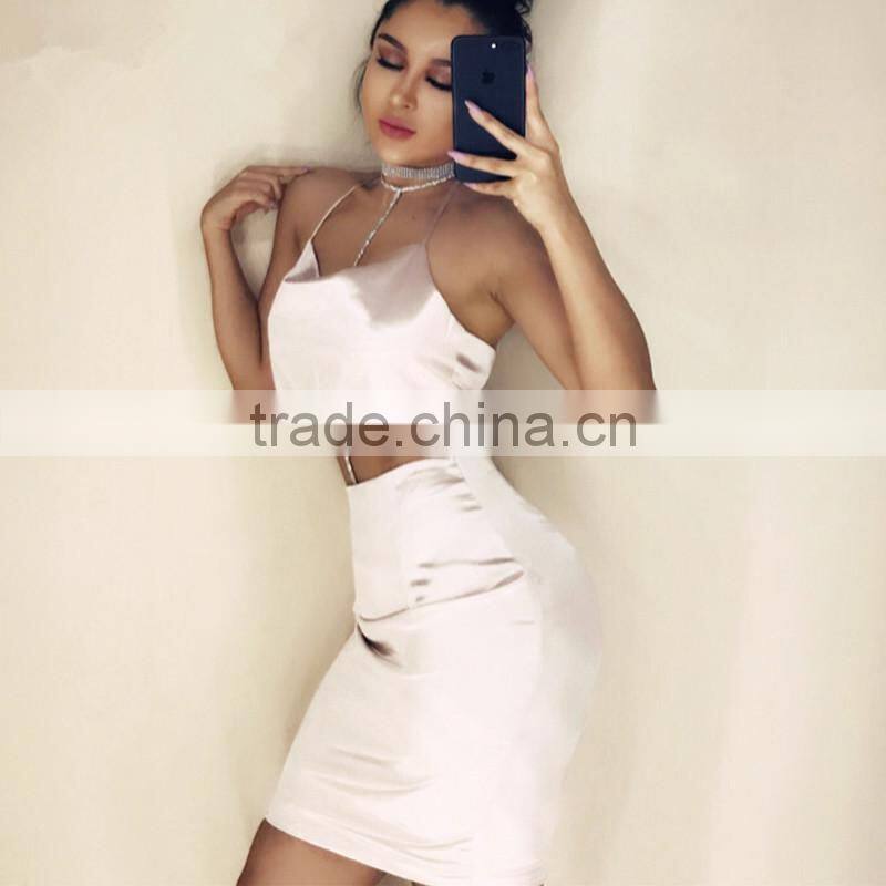 2017 Clothes Women Ladies Sexy Halter Fashion Women Top + Knee Length Satin Skirt