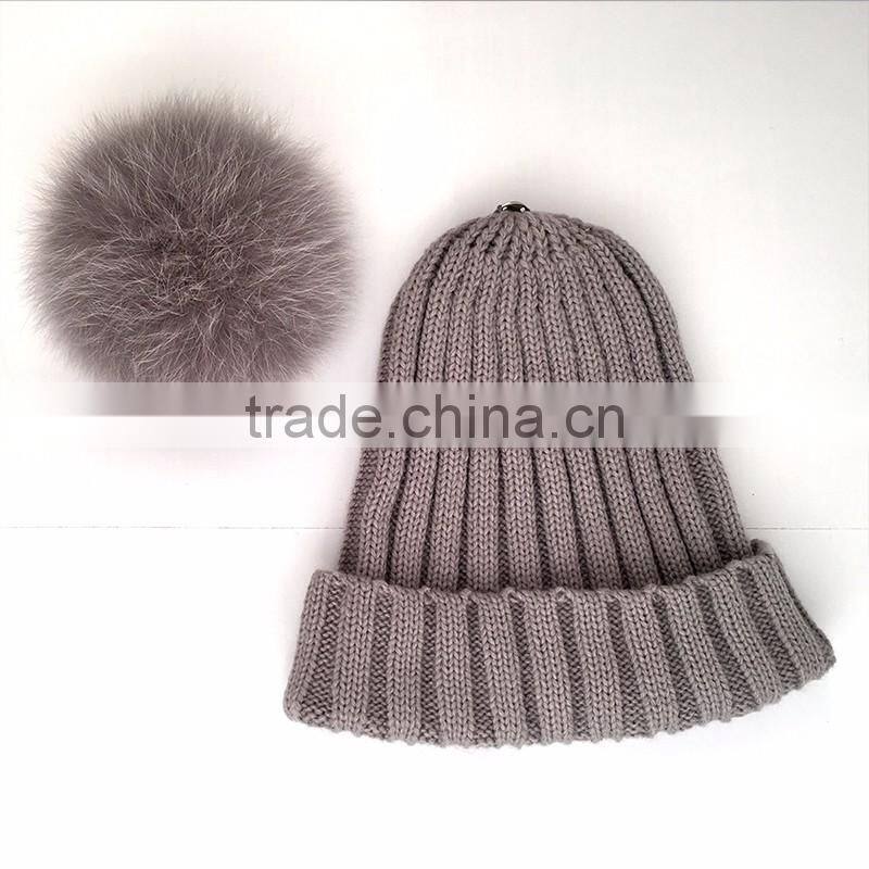 Myfur Wholesale Women Wool Beanie with Genuine Fox Body Fur Bobble