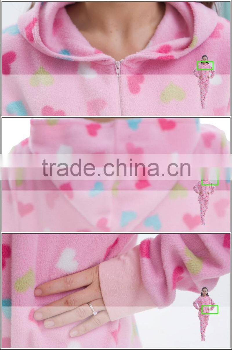 Cheap heart printed fleece onesie,pajamas