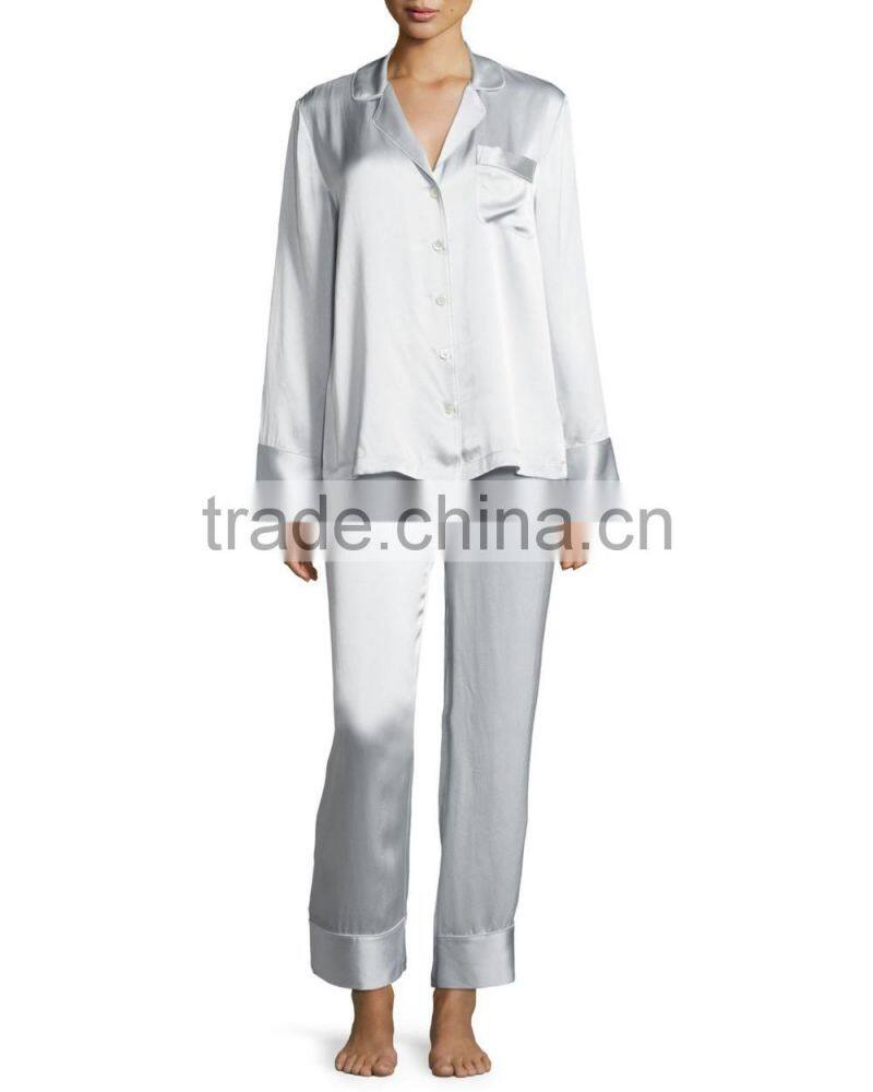 Highest quality ladies elegant night sleeping shirts and pants wear stain long sleeves pajamas set wholesale