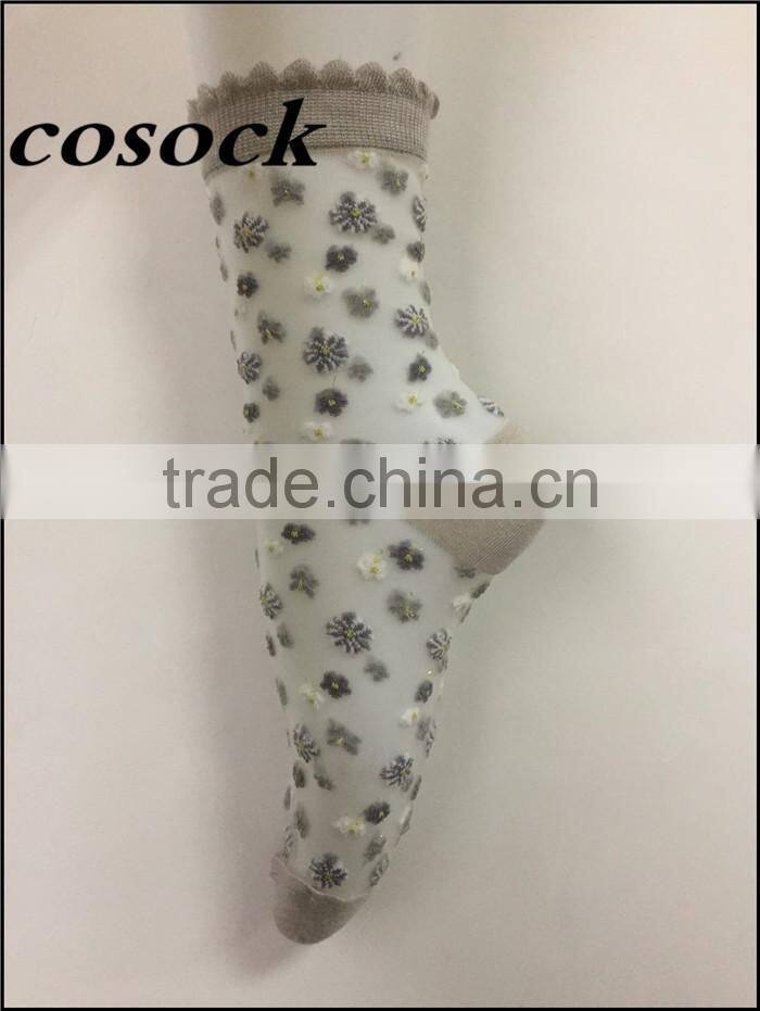 Flower jacqaurd women lovely ankle high transparent nylon summer socks