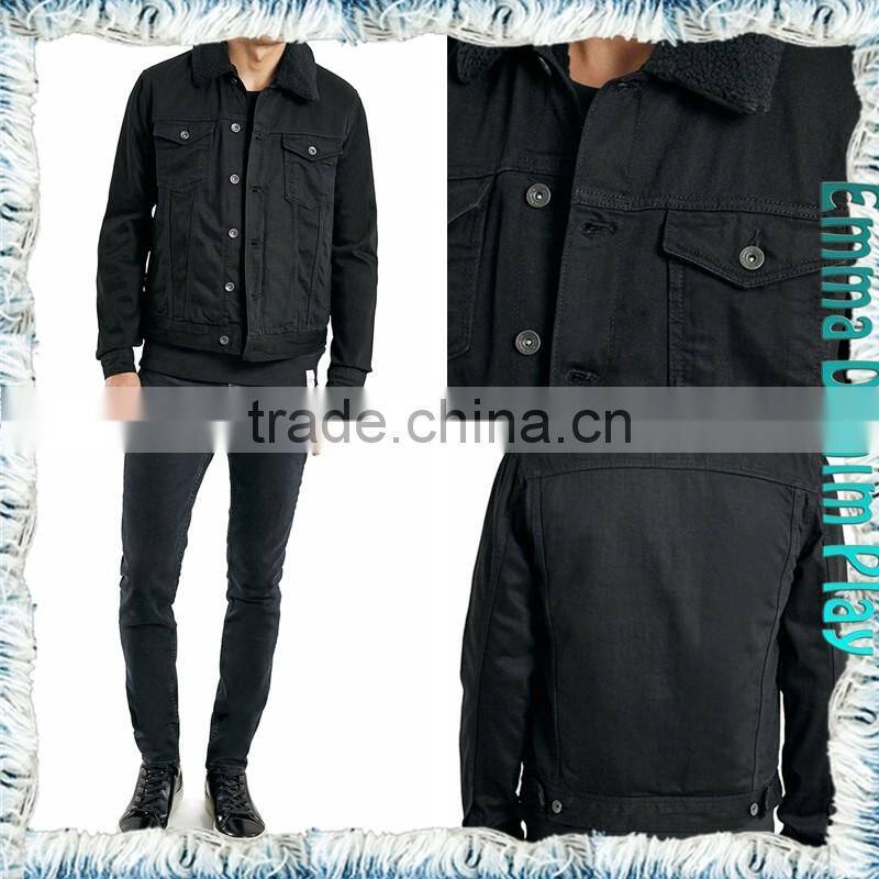 Medium Wash Fur Collar Black Denim Mens Short Jackets