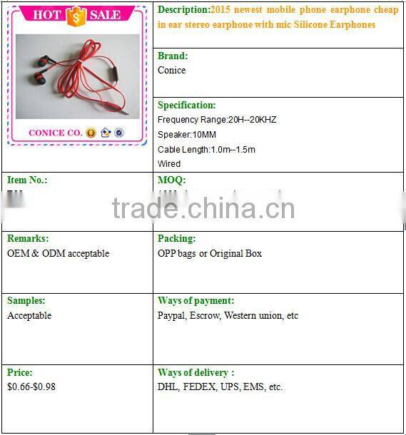 2015 newest mobile phone earphone cheap in ear stereo earphone with mic Silicone Earphones