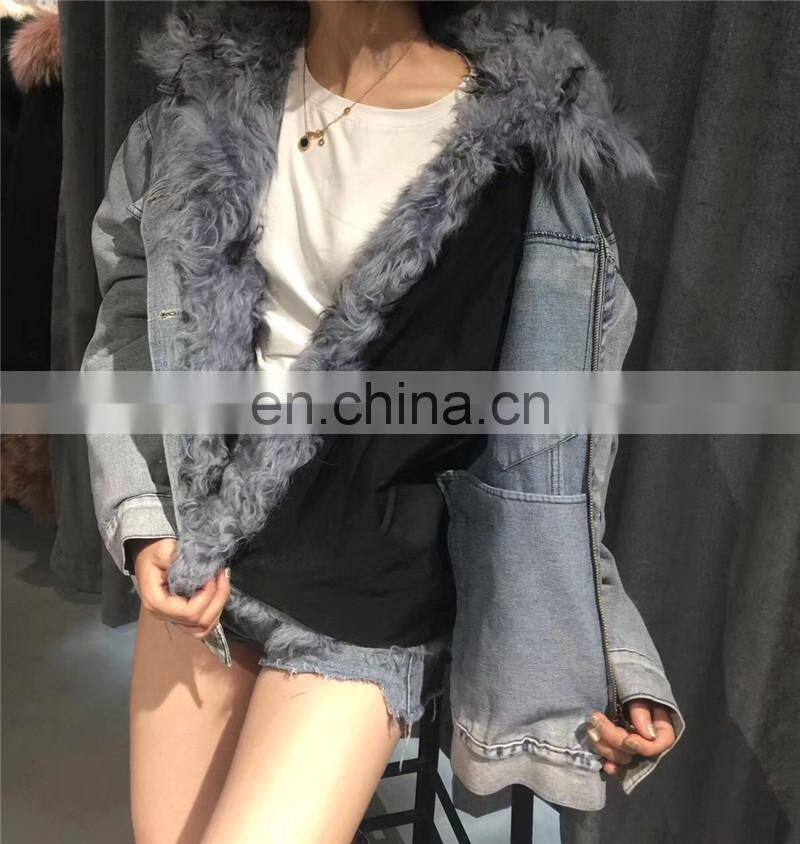 Fashion Wholesale Real Fur Lining Denim Jacket Women Lamb Fur Coat