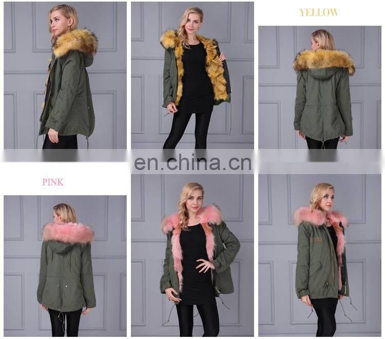 Women hooded pink real fox fur parka with army green shell material