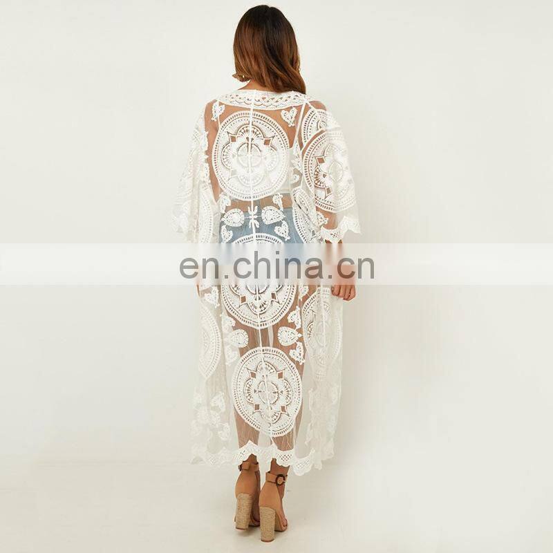 Beach dress floral embroidery swimwear women robe beach cardigan bathing suit cover ups for swimming