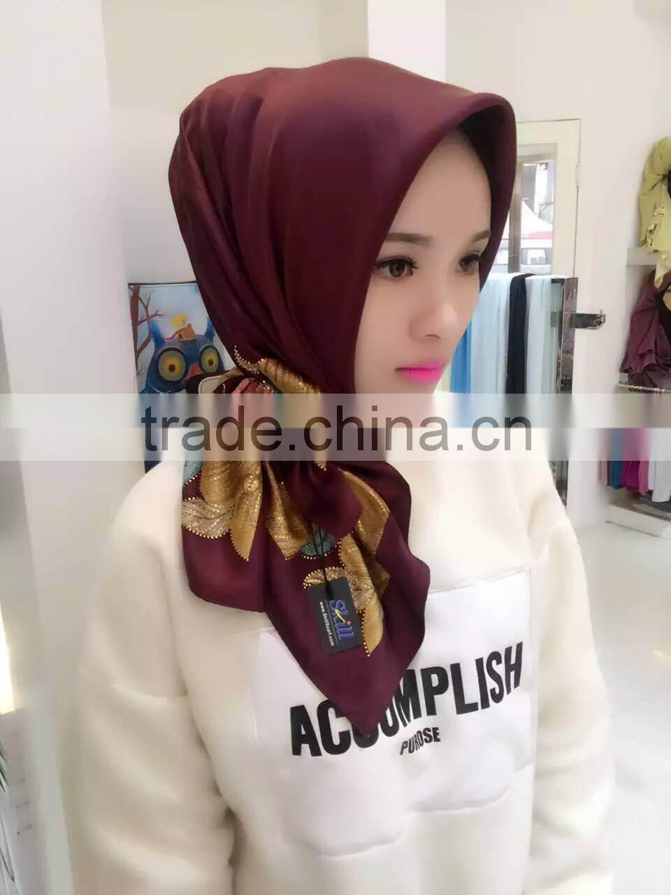 Popular 2016 Turkey silk 100*100cm muslim square scarf (beautiful,not slide )
