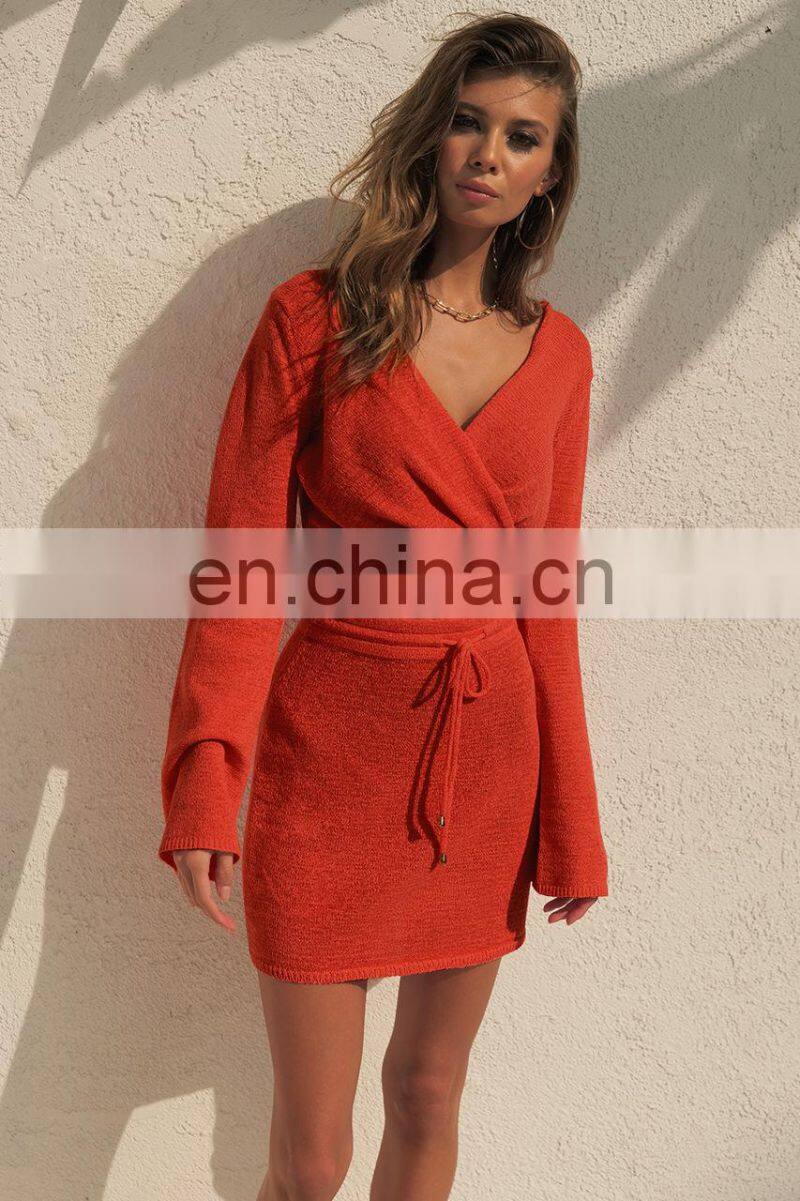 2021 Cross-border New Product Pure Color Women's Fashion Twisted Long Sleeve V-neck Sexy Top Drawstring Short Skirt Autumn Set