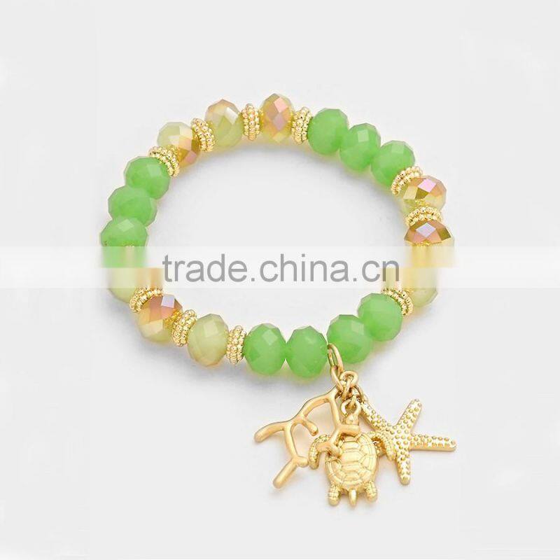 Metal Starfish and Turtle Charm Beaded Stretch Bracelet Sea Life Jewelry