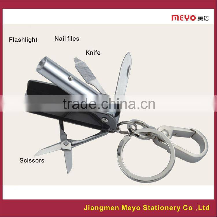 2015 Business Promotional Customized Made Metal Keychain with flashlight,nail files,knife,secissors
