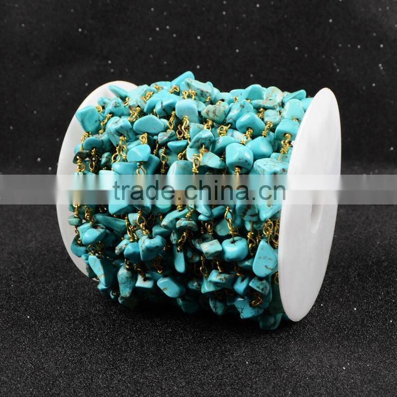 Blue Turquoise Rosary Beads Chain Wire Wrapped Handmade Chain