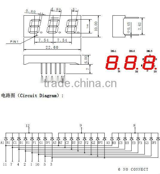 Low dissipation! Red color LED display panel 7 segment 3 digits