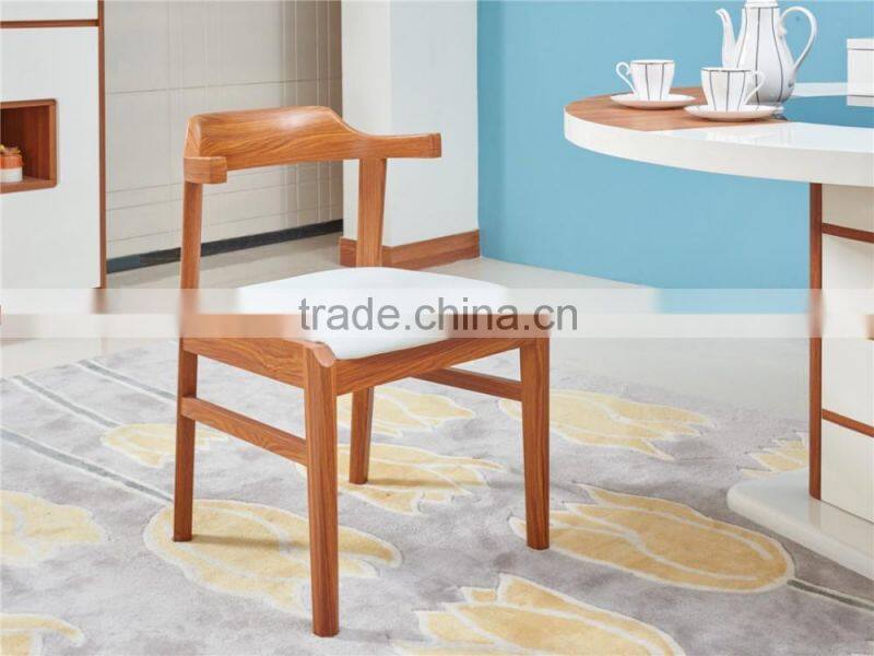 Modern wooden high glossy white and teak color round functional dining table and dining chair in dining room sets