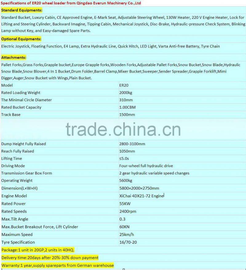 EVERUN 2.0ton Loading Machine ER20 CE Farm Tools Front Wheel Loader with Spare Parts for Sale Germany