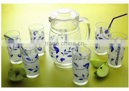 classic Glass water jug 1500ml color printing glass jug and 6pcs 250ml cup set