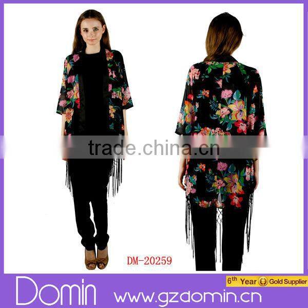 Dark Base Printed Fringed Floral Kimono