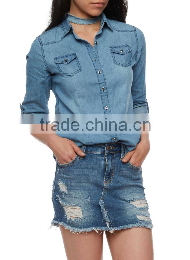 2017 High Quality jean shirt Long Sleeve Button Front Denim Top