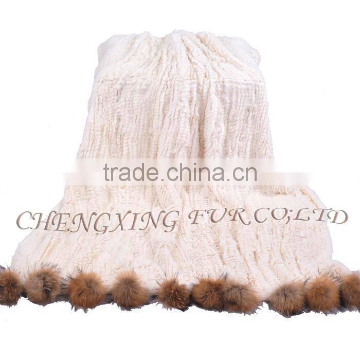 CX-D-108 Hand Knitted Super Cream Real Rex Rabbit Fur Throw Blanket