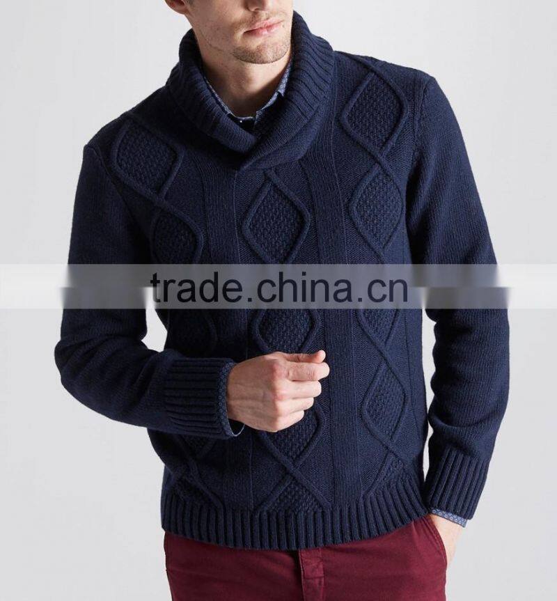 High Quality Wholesale knitwear Men's shawl collar cable sweater navy (BKNM15)