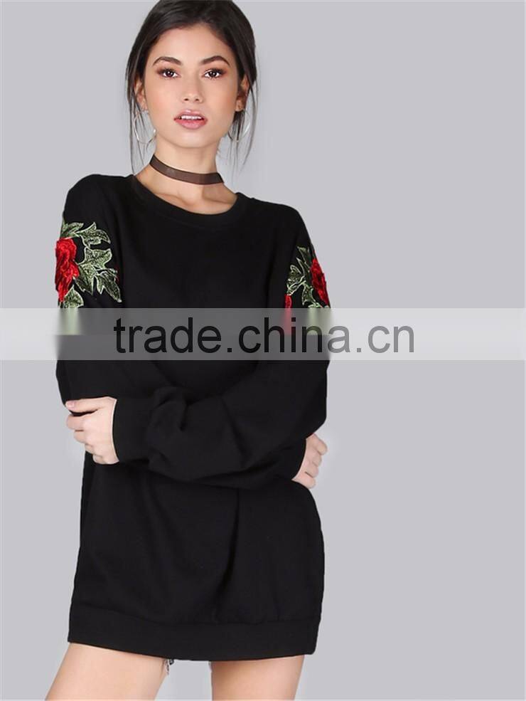 Customized Design Embroidered Roses Longline Sweatshirt Black Oversized Fleece Pullover For Women