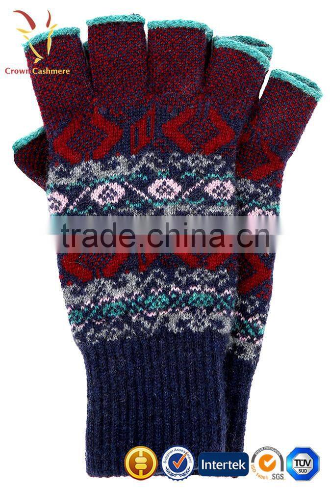 Fancy Kintted Jacquard Cashmere Mitten Gloves Half Finger Gloves