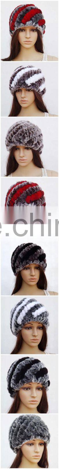 rex rabbit fur hats Fur Striped Knitted cap for women Genuine Rabbit Fur Hat Cap winter warms hats