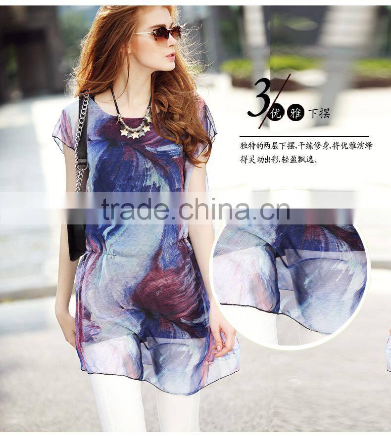 2016 Hotsale Ruffles women Short-sleeve Loose Slim Chiffon long blouse shirts tops with DIY Printing