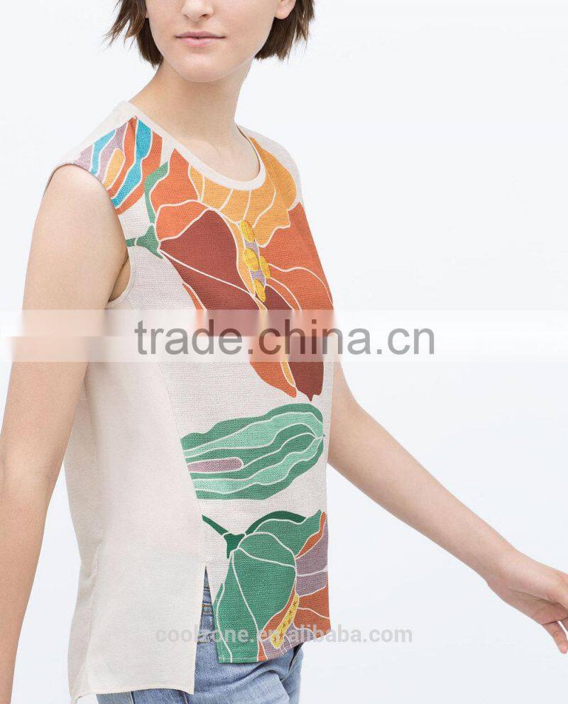 2015 new fashion sleeveless round neck print chiffon lady top designer