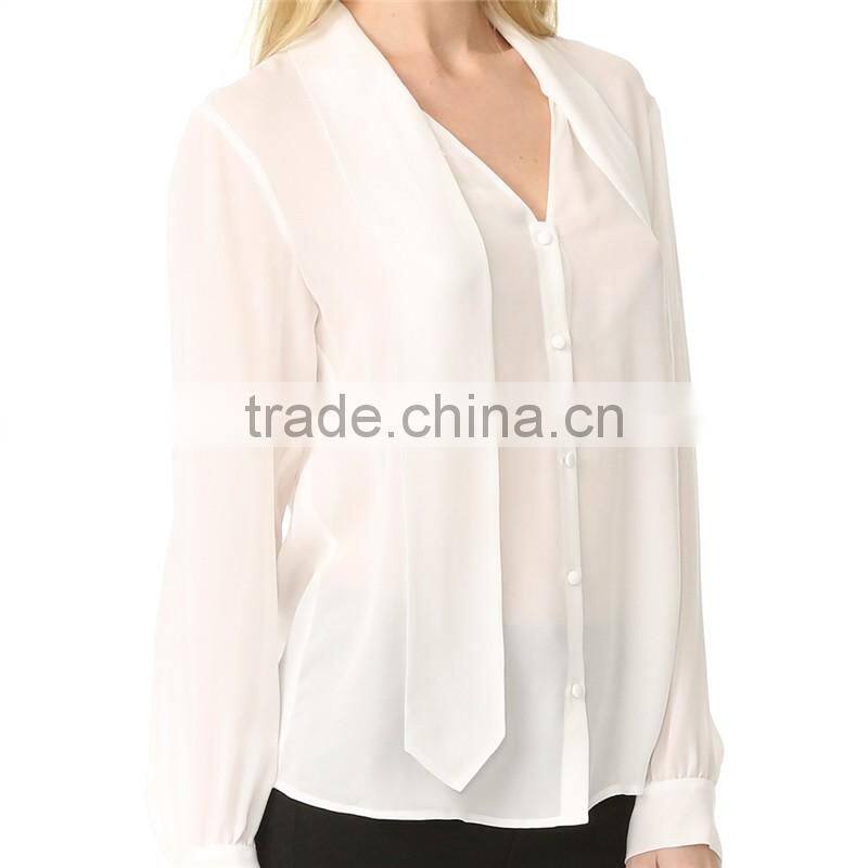 2017 OEM Casual Fine Beam Sleeve Silk Blouse with Neck Tie