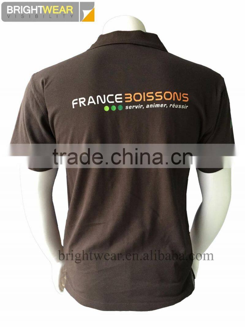 100% polyester men's uniform polo shirt with 200gsm pique fabric and heat-transfer printing