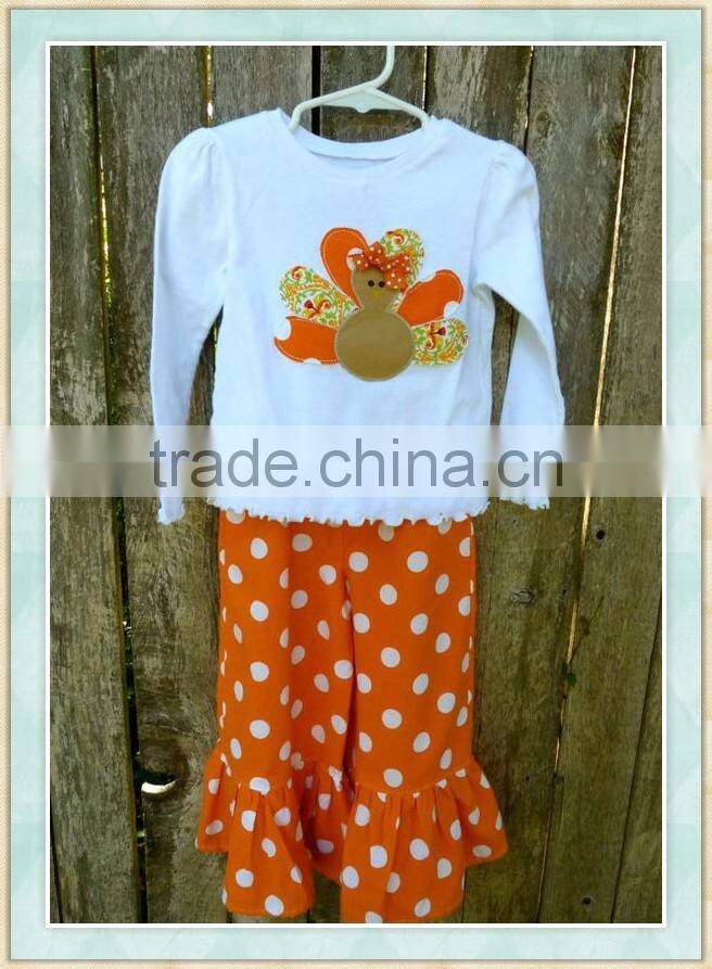 Wholesale children's fall outfits kids Thanksgiving day clothing set lovely baby Turkey applique shirt and ruffle pant set