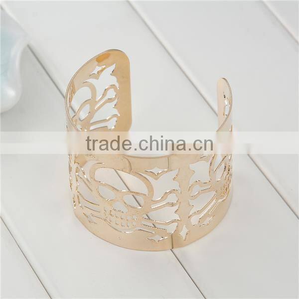 Gold Plated Cylinder Halloween Skeleton Skull Hollow Open Cuff Bangles Bracelets