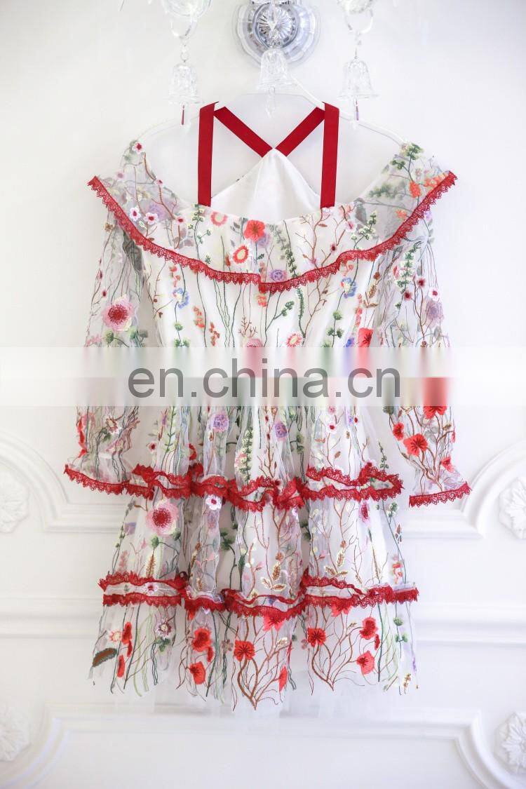 Latest Fashion Dress Designs Pretty Women Long Sleeve Floral Ruffle Casual Dresses with Cold Shoulder