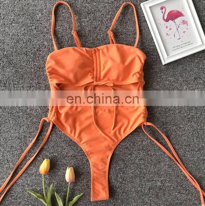2019 Sexy Bandage Hollow Bikini Set Women Bow Thong Wrapping Padded Swimwear Backless One Piece Solid Swimsuit Biquini