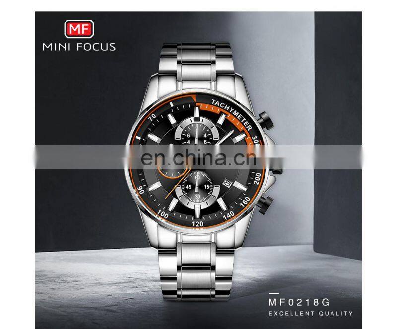 MINI FOCUS MF0218G Luxury Watch For Men Stainless Steel Quartz Relogio Masculino Mens Watches Silver