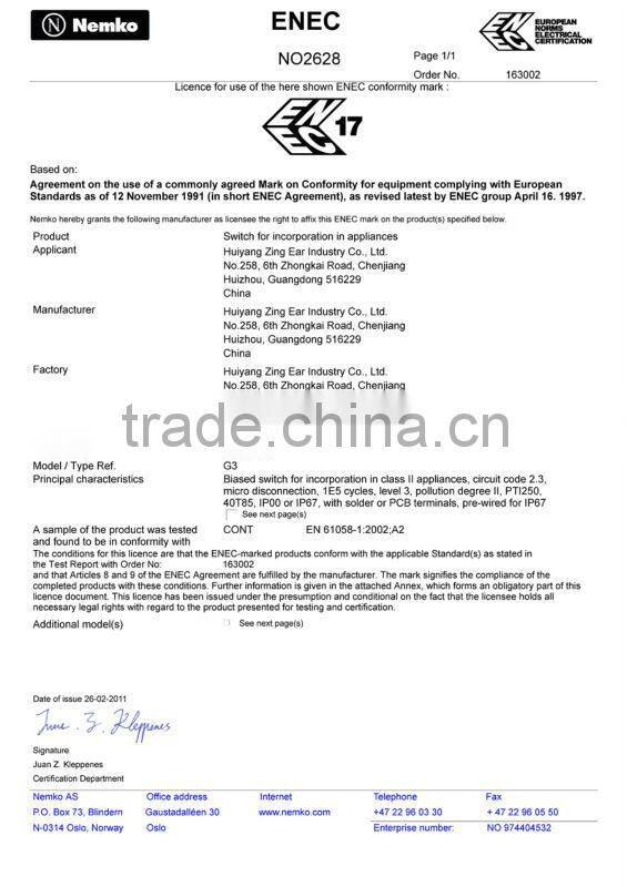 ZING EAR kw3 oz Micro Switch with Lever(UL/CUL/ENEC/RoHS/Reach Approval)