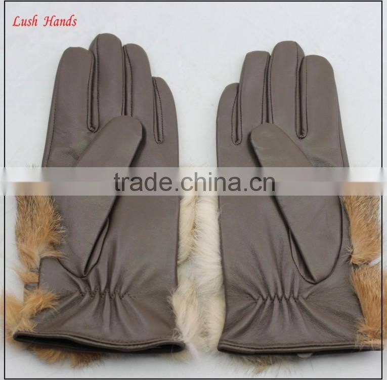 women's grey wholesale sheepskin dresses leather gloves with brown rabbit fur