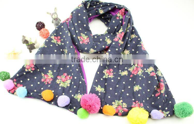 Good Quality Cute Sweet Small Floral Print Colorful Pom Pom Balls Fashion Baby Girls Winter Scarf