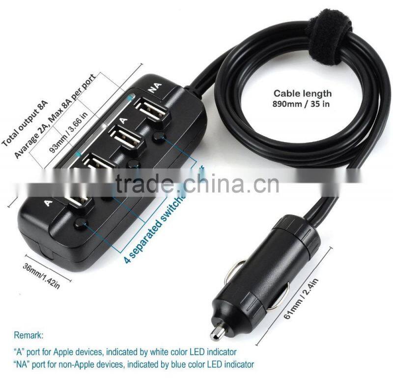 Top Selling 2015 4 Port Female USB Socket Car Charger with Cable & Individual Switch & LED Light
