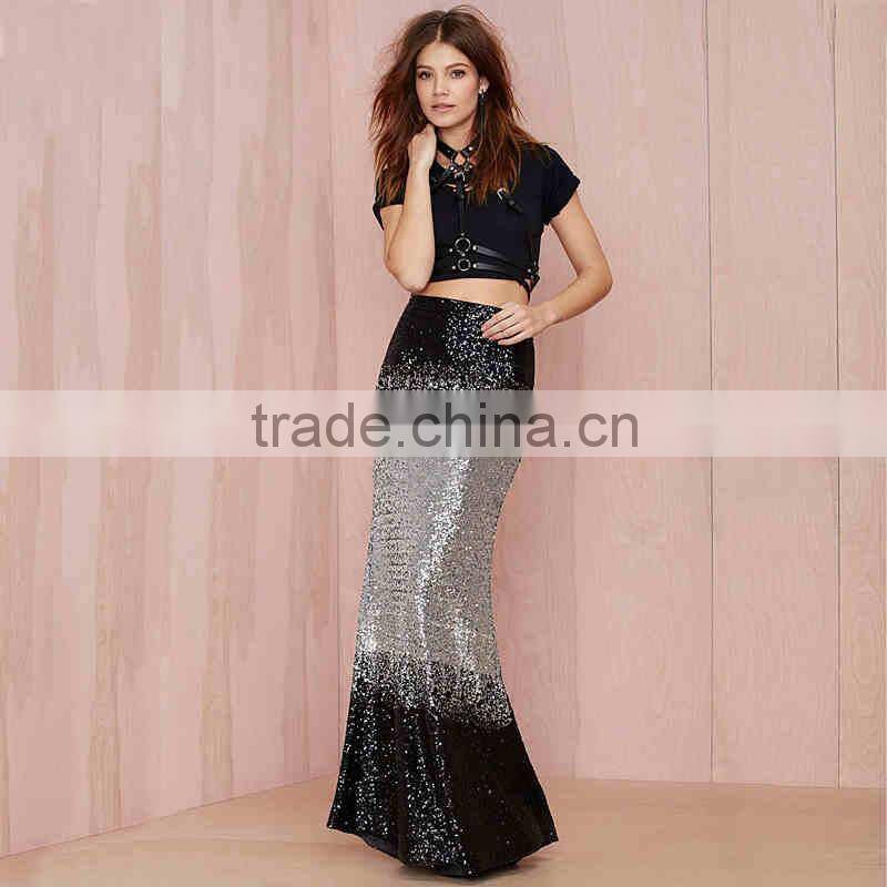 black silver gradient long fitted sequin maxi skirt