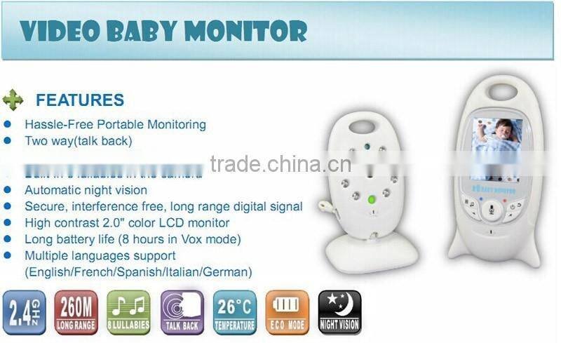 New 2.0inch baby camera monitor IR Night vision 2 way Talk Multi-language 8 Lullabies Temperature monitor VOX system baby phone
