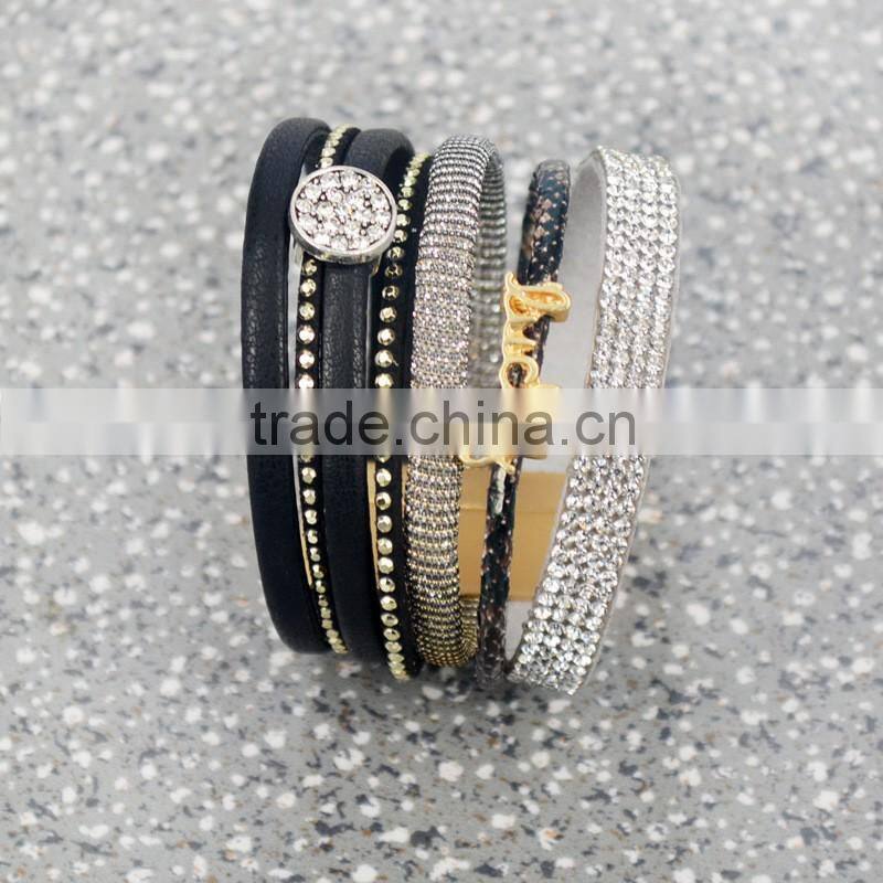 Fashion Lucky Letters DIY Diamond Rhinestones Tassel Multi-Layer Wide Leather Bracelet